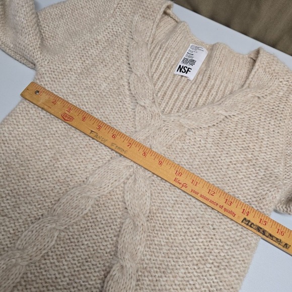 NSF Cable Knit Sweater Womens Medium Beige Alpaca Wool V‑Neck Hand Loomed - Picture 7 of 10